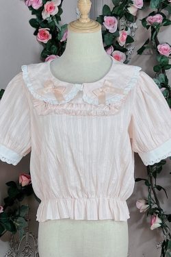 Y2K Cotton Blouse Short Sleeve Summer Hime Victorian Pink Gothic Shirt