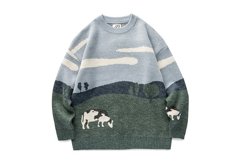 Y2K Cow Knitted Sweater - Aesthetic Korean Style Streetwear