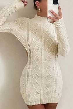 Y2K Cream Brown Black Cable Knit Cut Out Dress
