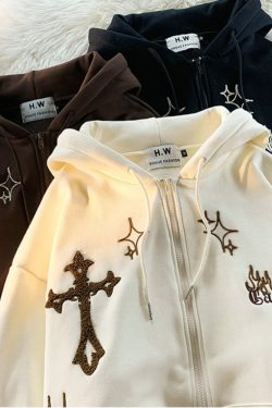 Y2K Cross Embroidered Hoodie - OverSized Aesthetic Kawaii Shirt