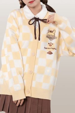 Y2K Cute Checkered Embroidered Cardigan Sweater