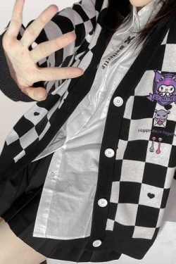 Y2K Cute Checkered Embroidered Cardigan Sweater