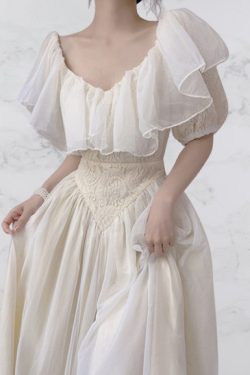Y2K Dark Academia Romantic Lace Puff Sleeve Dress