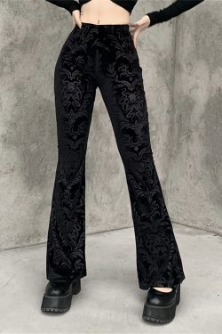 Y2K Dark Flare Suede Pants - Vintage Embossed Design