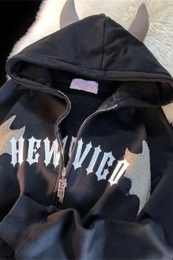 Y2K Devil Horn Embroidered Zip Up Hoodie Sweatshirt