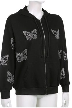 Y2K Diamond Butterfly Hooded Jacket 90s Harajuku Streetwear