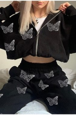 Y2K Diamond Butterfly Hooded Jacket 90s Harajuku Streetwear