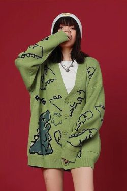 Y2K Dinosaur Print Cardigan - Vintage Harajuku Hip Hop Streetwear