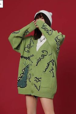Y2K Dinosaur Print Cardigan - Vintage Harajuku Hip Hop Streetwear