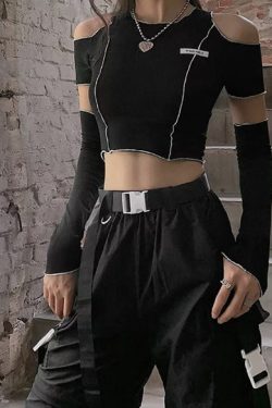 Y2K E-Girl Patchwork Crop Top - Open Shoulder T-Shirt