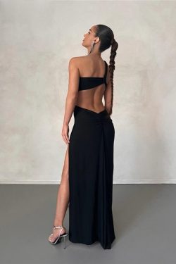 Y2K Elegant Maxi Dress - Sexy Solid Black, Cocktail-Ready
