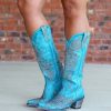 Y2K Embroidered Leather Knee High Boots - Blue & White
