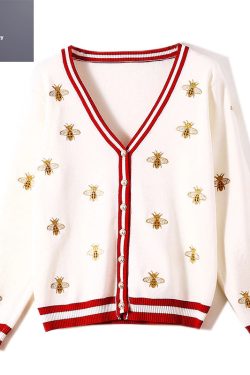 Y2K Embroidery Bee Knitted Long Sleeve Cardigan Sweater