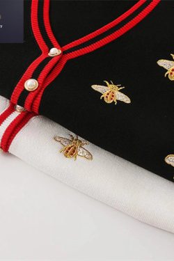 Y2K Embroidery Bee Knitted Long Sleeve Cardigan Sweater