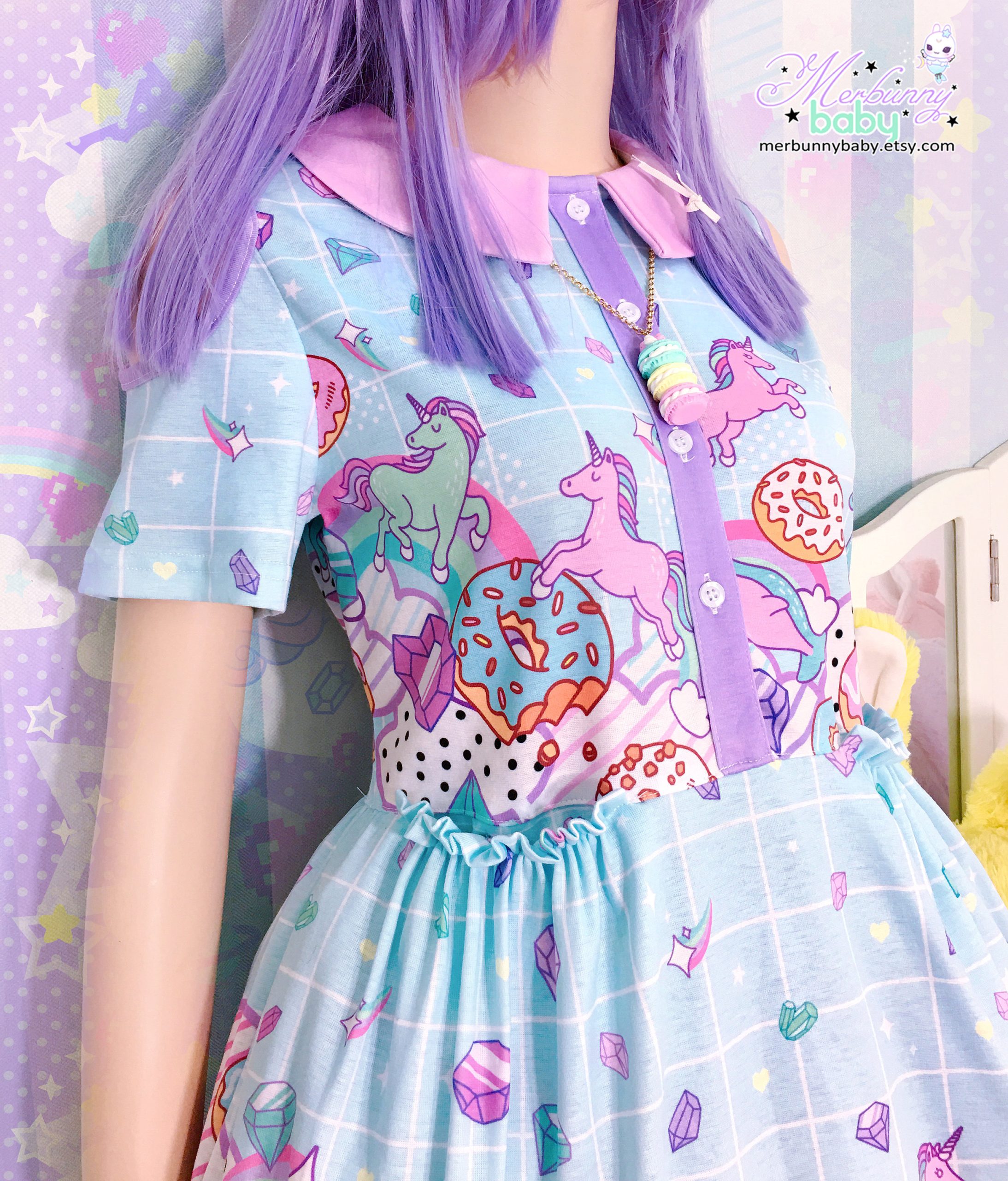 Y2K Fairy Kei Yume Kawaii Donuts Dress - Blue - Cotton Collar