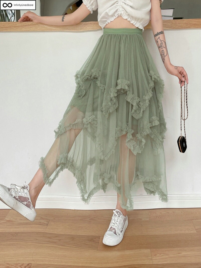 Y2K Fairy Tulle Ruffled Midi Skirt for Summer