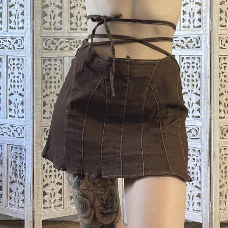 Y2K Fairycore Brown Mini Skirt with Cross Patchwork Zipper