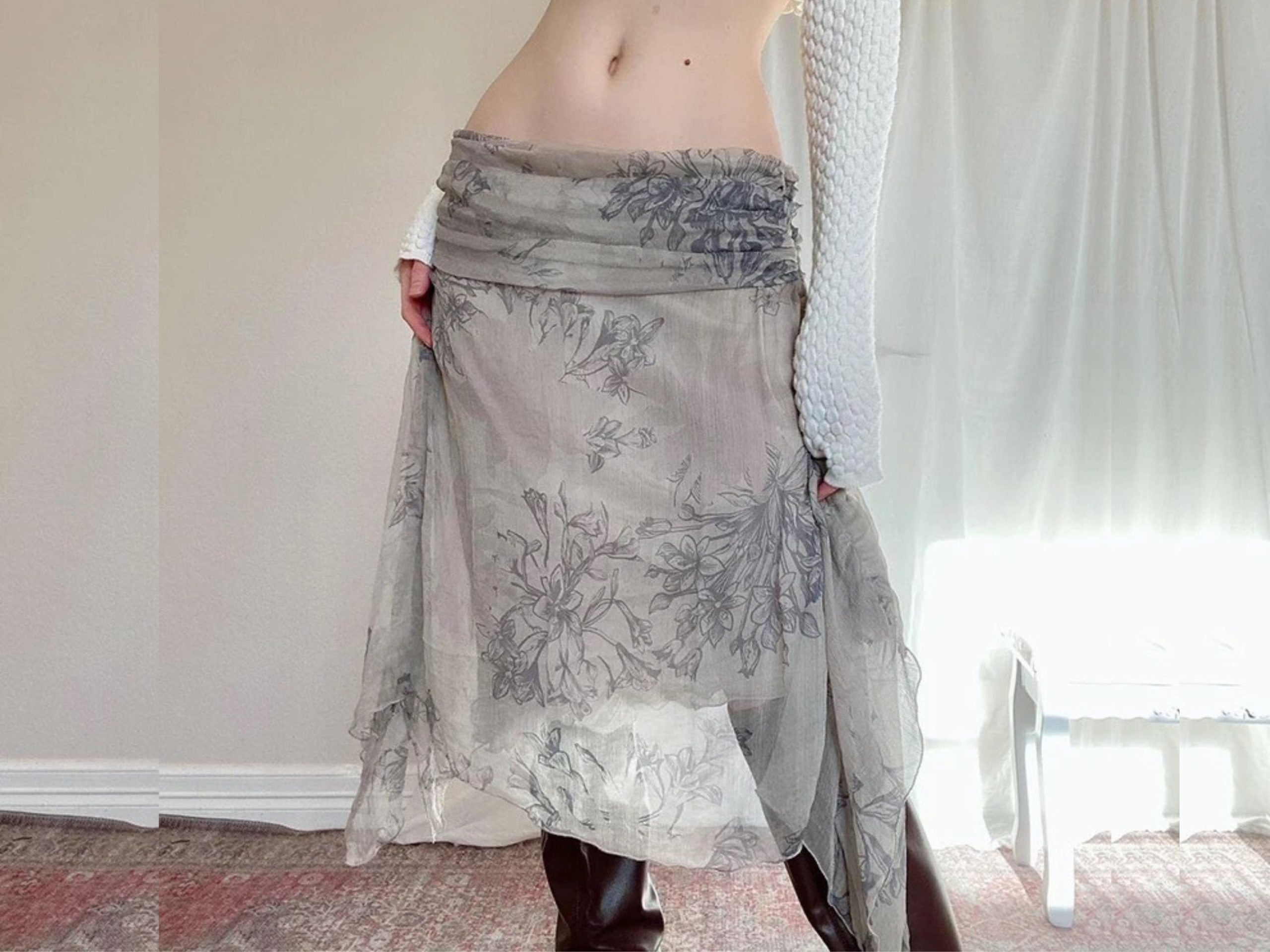 Y2K Fairycore Grunge Floral Midi Skirt Vintage Chic