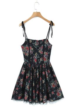Y2K Floral Ballerina Corset Mini Dress with Mesh Skater Bow