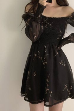 Y2K Floral Black Ruffled Dress with Long Puffed Sleeves