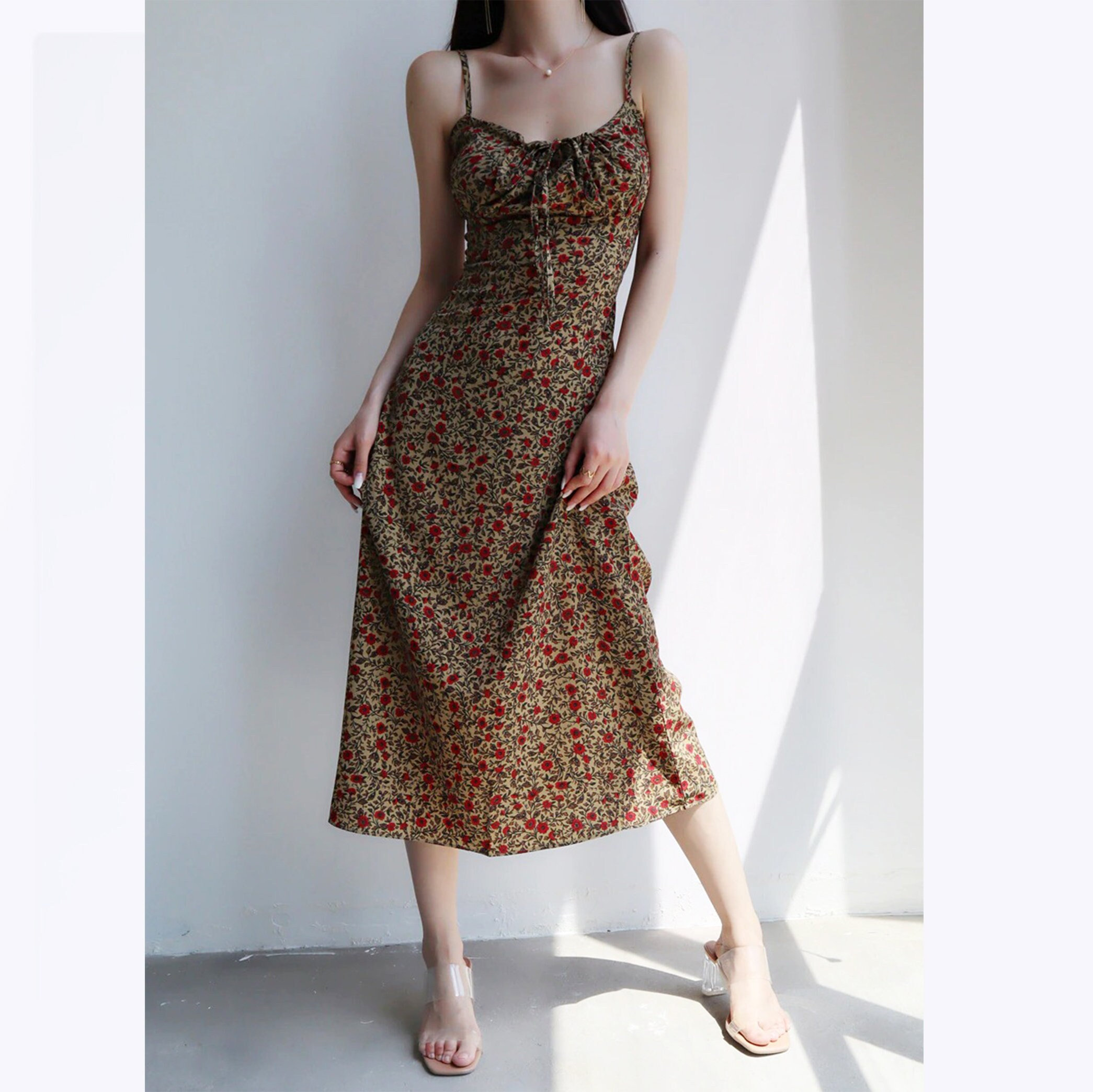 Y2K Floral Cami Dress - Midi Length, Tie Front Style