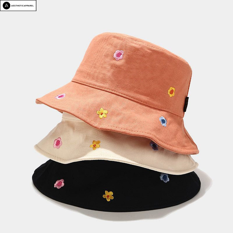 Y2K Floral Embroidered Bucket Hat - Spring Summer Beach Fashion Cap