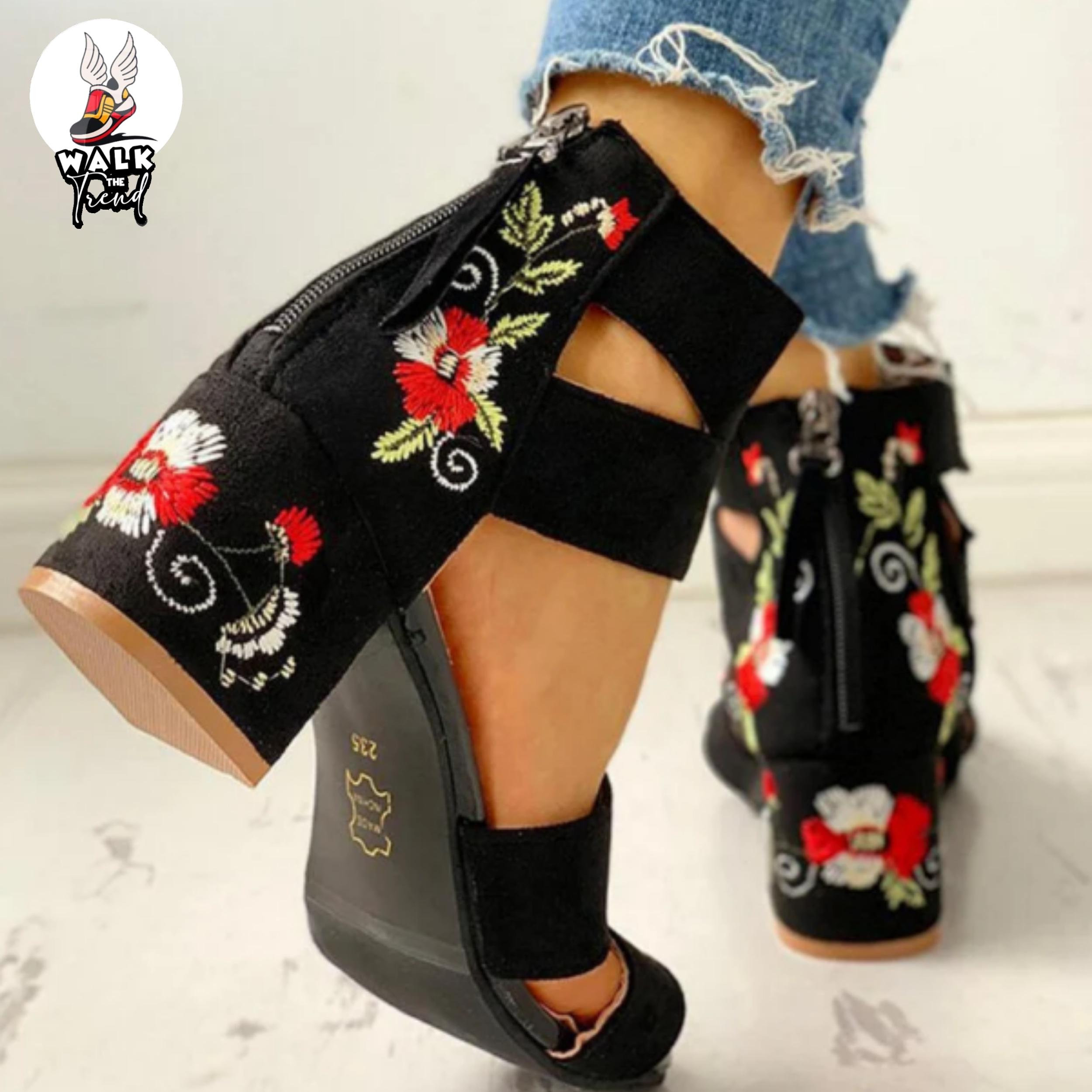 Y2K Floral Embroidered Women's Summer Heeled Sandals