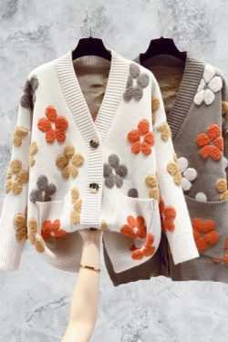 Y2K Floral Knitted Cardigan - Beige V-Neck Sweater
