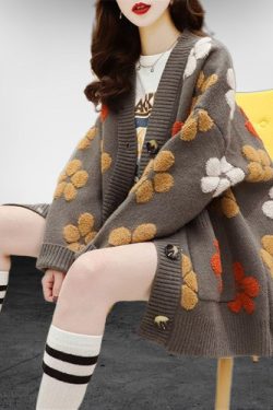 Y2K Floral Knitted Cardigan - Beige V-Neck Sweater