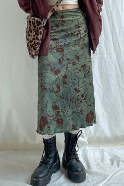 Y2K Floral Mid Calf Skirt - Aesthetic Streetwear