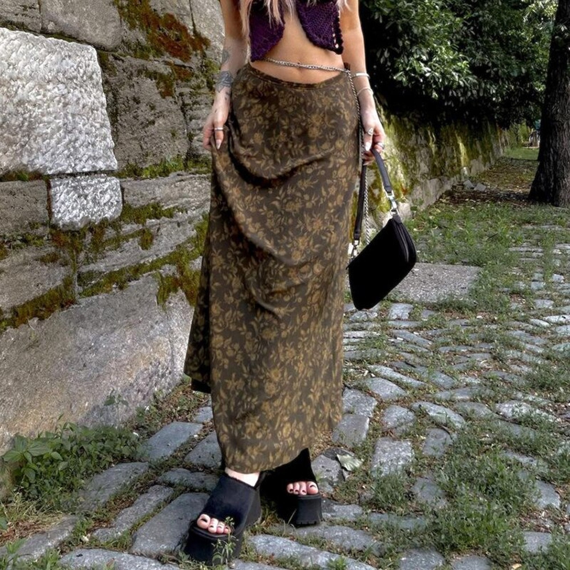 Y2K Floral Print Maxi Skirt | Grunge Aesthetic | Low Waist