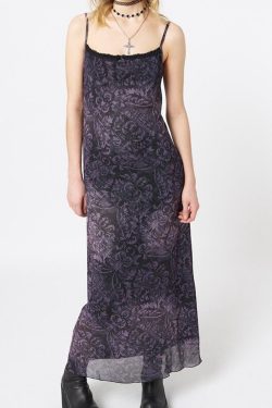 Y2K Floral Print See Through Sling Midi Dress