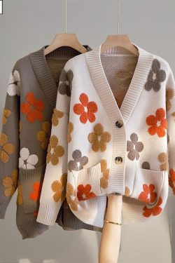 Y2K Floral V-Neck Cardigan - Vintage Harajuku Beige Knit Sweater