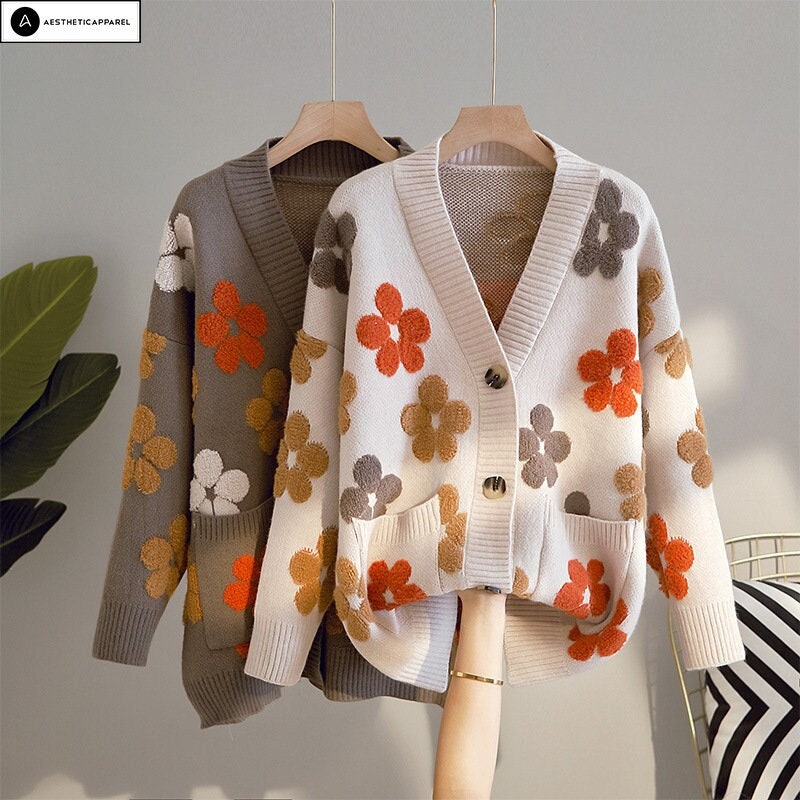 Y2K Floral V-Neck Cardigan - Vintage Harajuku Beige Knit Sweater