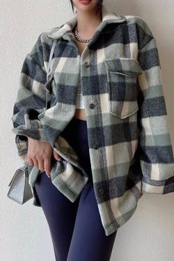 Y2K Forest Green Plaid Shacket - Trendy OverSized Checkered Jacket