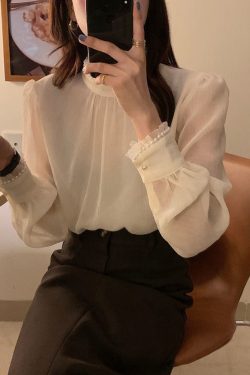 Y2K French Style Lace High Neck Chiffon Work Blouse