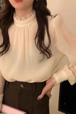 Y2K French Style Lace High Neck Chiffon Work Blouse