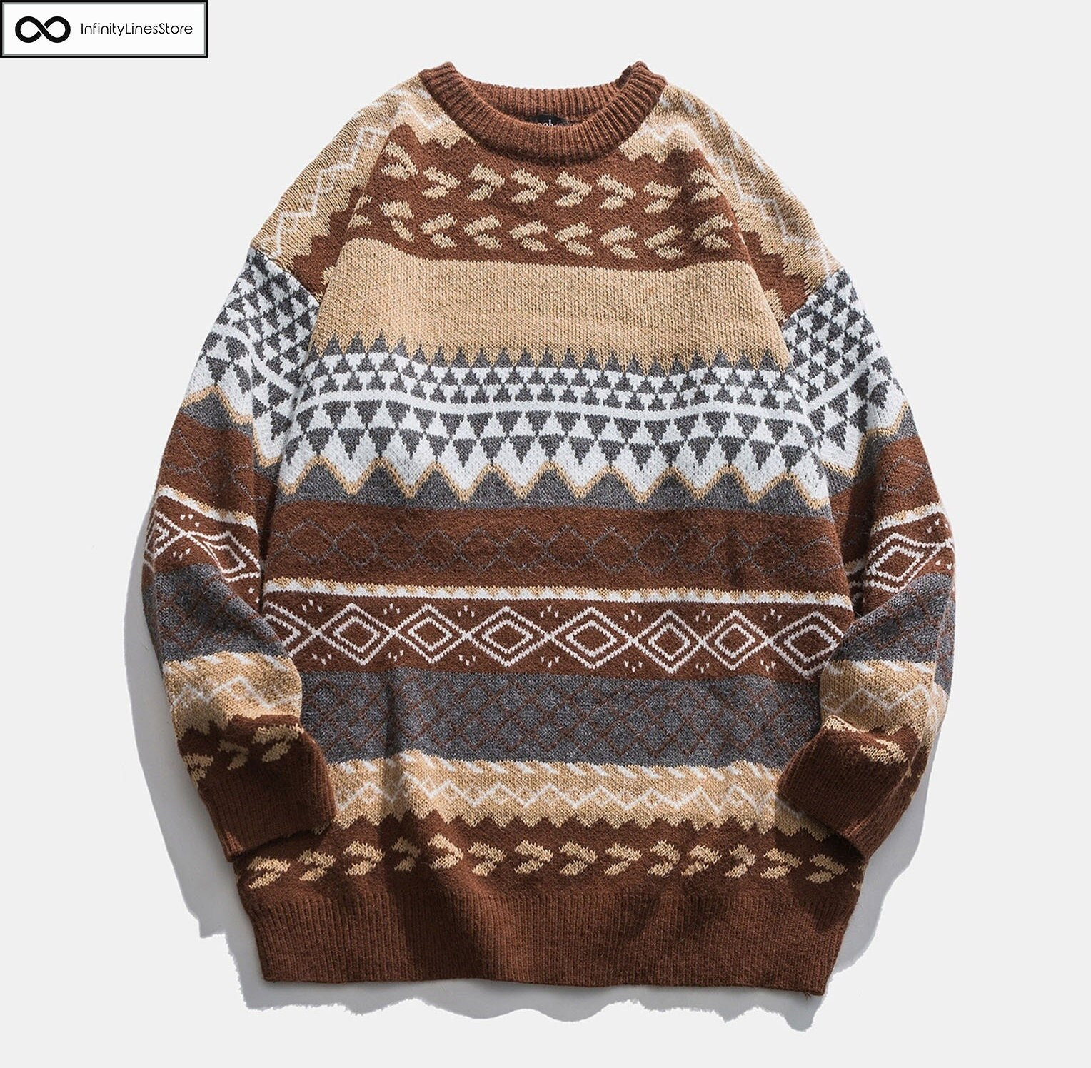Y2K Geometry Print Knitted Sweater - Brown Retro Unisex