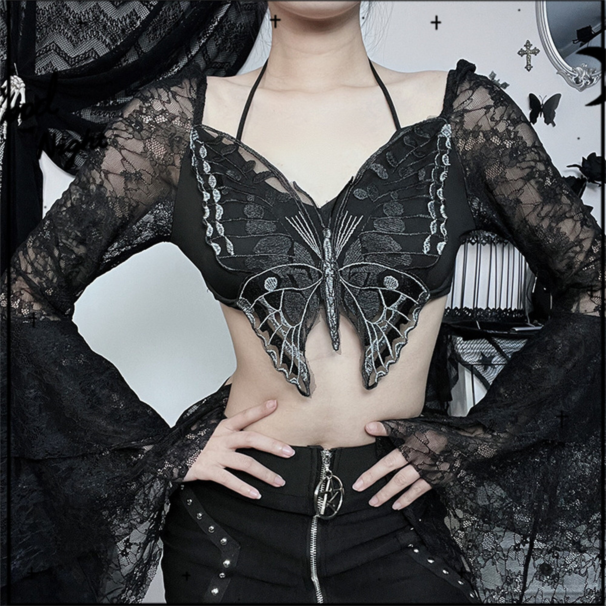 Y2K Girl Sexy Slim Fit Bat-Top - Butterfly Design & Gothic Lace Mesh