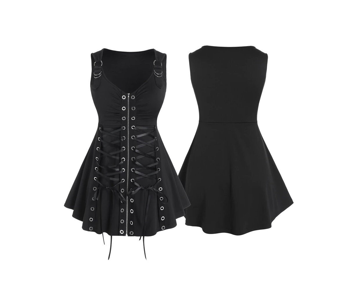 Y2K Goth Black Lace-Up Buckle Strap Mini Dress