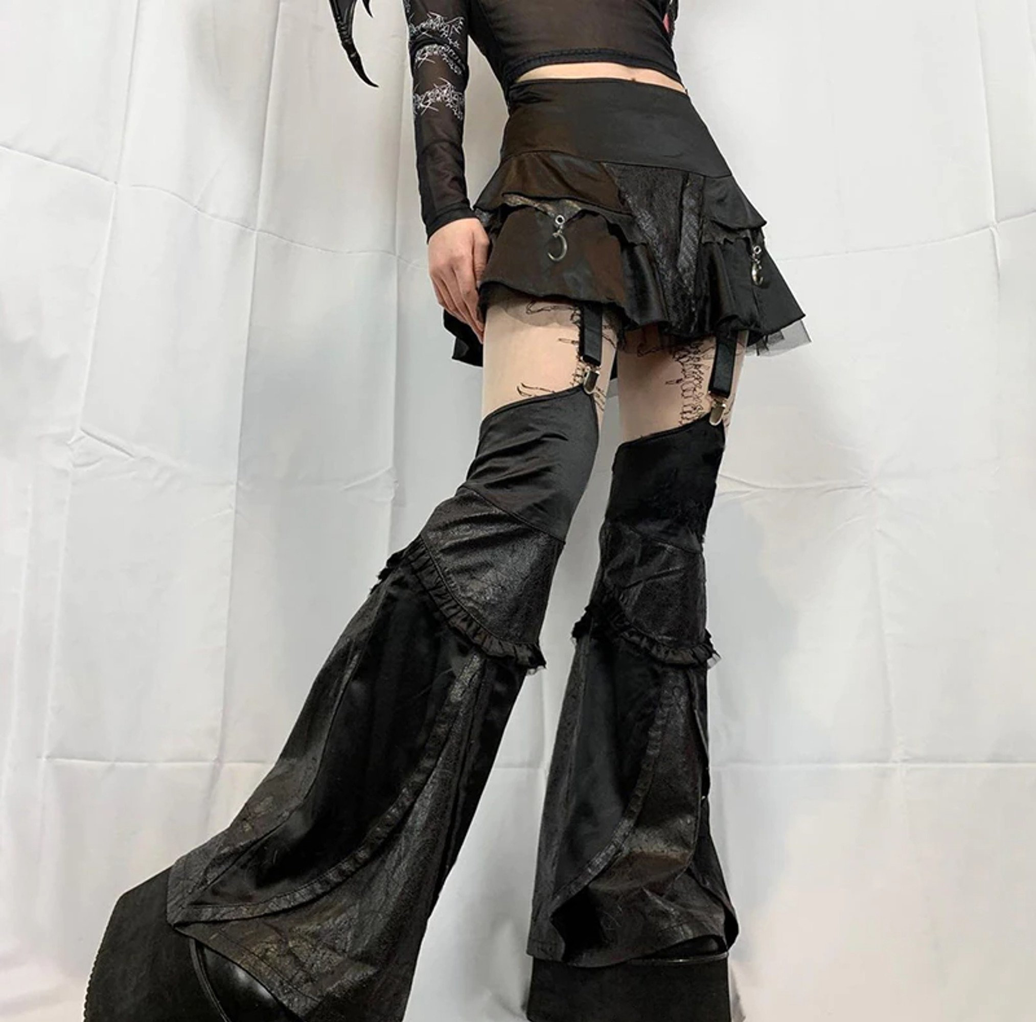 Y2K Goth Leather Patchwork Mini Skirt with Trouser Legs