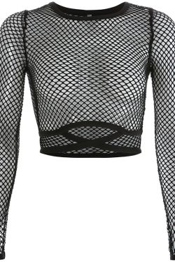 Y2K Goth Lolita Black Fishnet Summer Top - Sexy Transparent