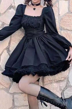 Y2K Goth Lolita Lace Party Dress with Puffed Sleeves