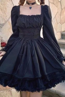 Y2K Goth Lolita Lace Party Dress with Puffed Sleeves