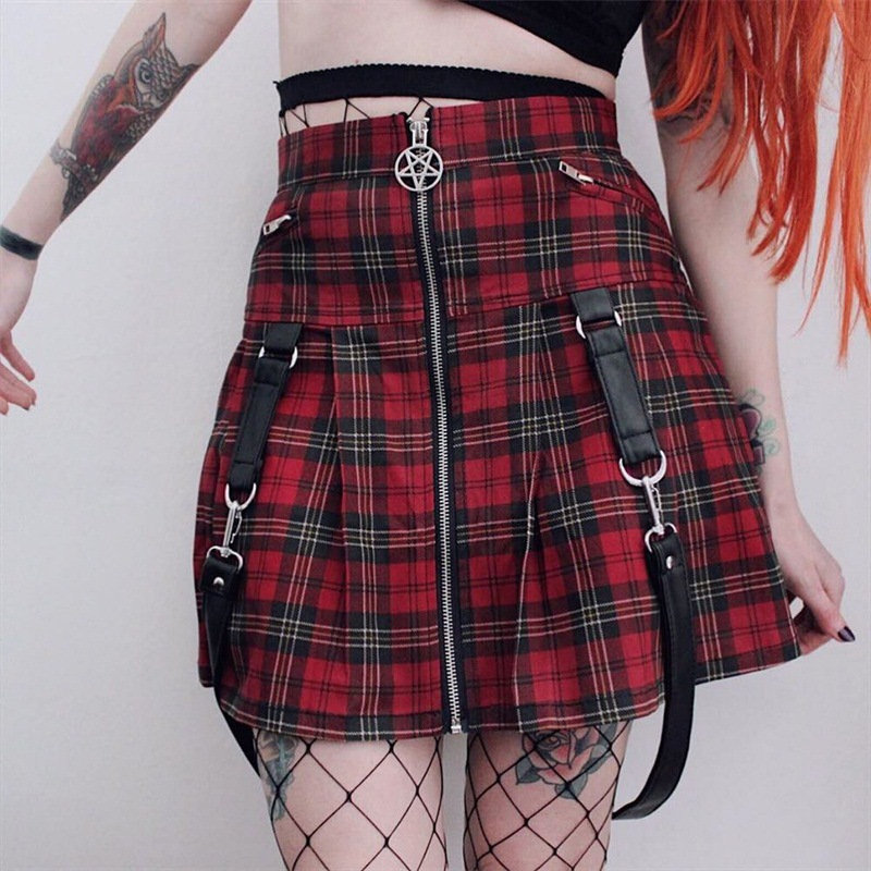 Y2K Goth Pleated Mini Skirt with Full Front Zipper