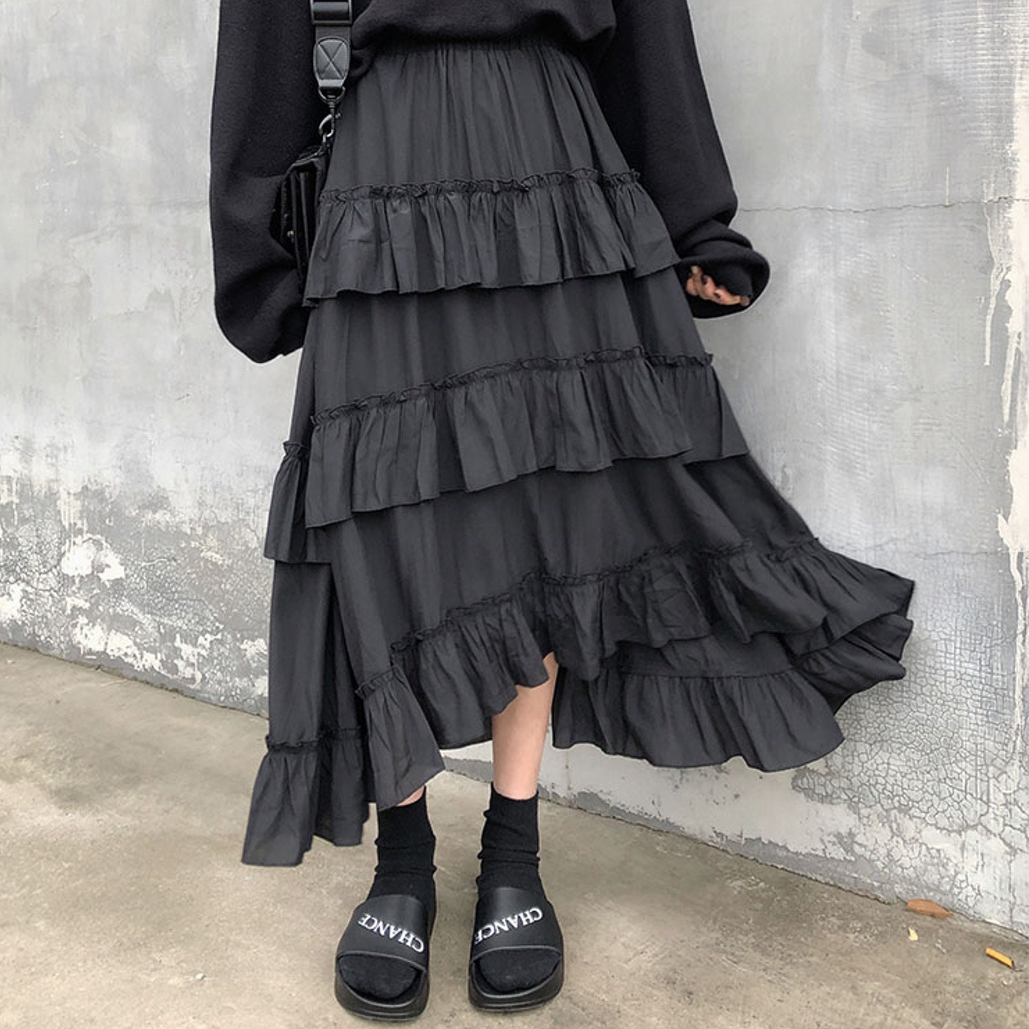 Y2K Goth Style Asymmetrical Ruffled Midi Skirt