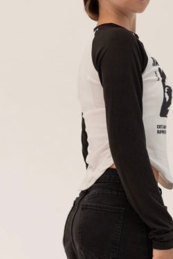 Y2K Gothic Black & White Graphic Print Long Sleeve T-Shirt