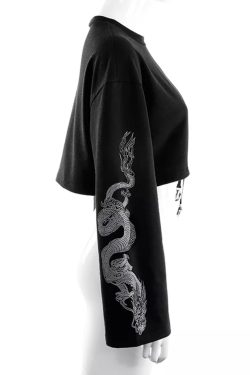 Y2K Gothic Black Dragon Print Long Sleeve Crop Top