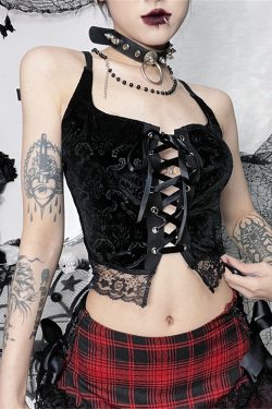 Y2K Gothic Black Floral Lace Vest Slim Fit Dress