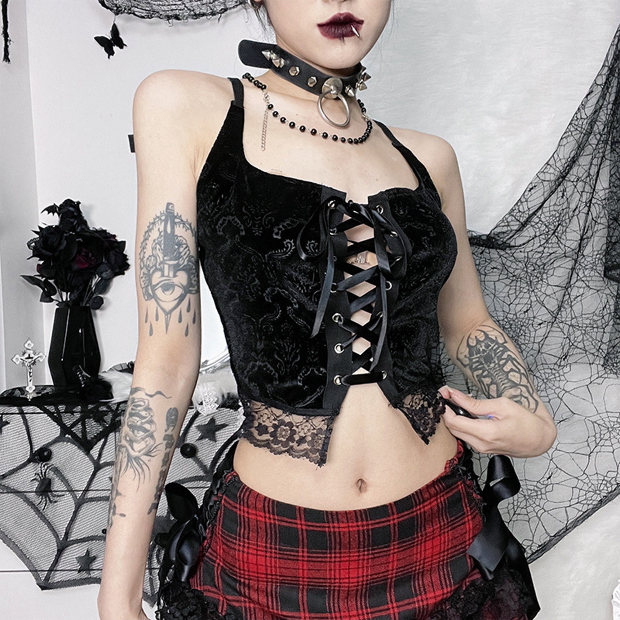 Y2K Gothic Black Floral Lace Vest Slim Fit Dress